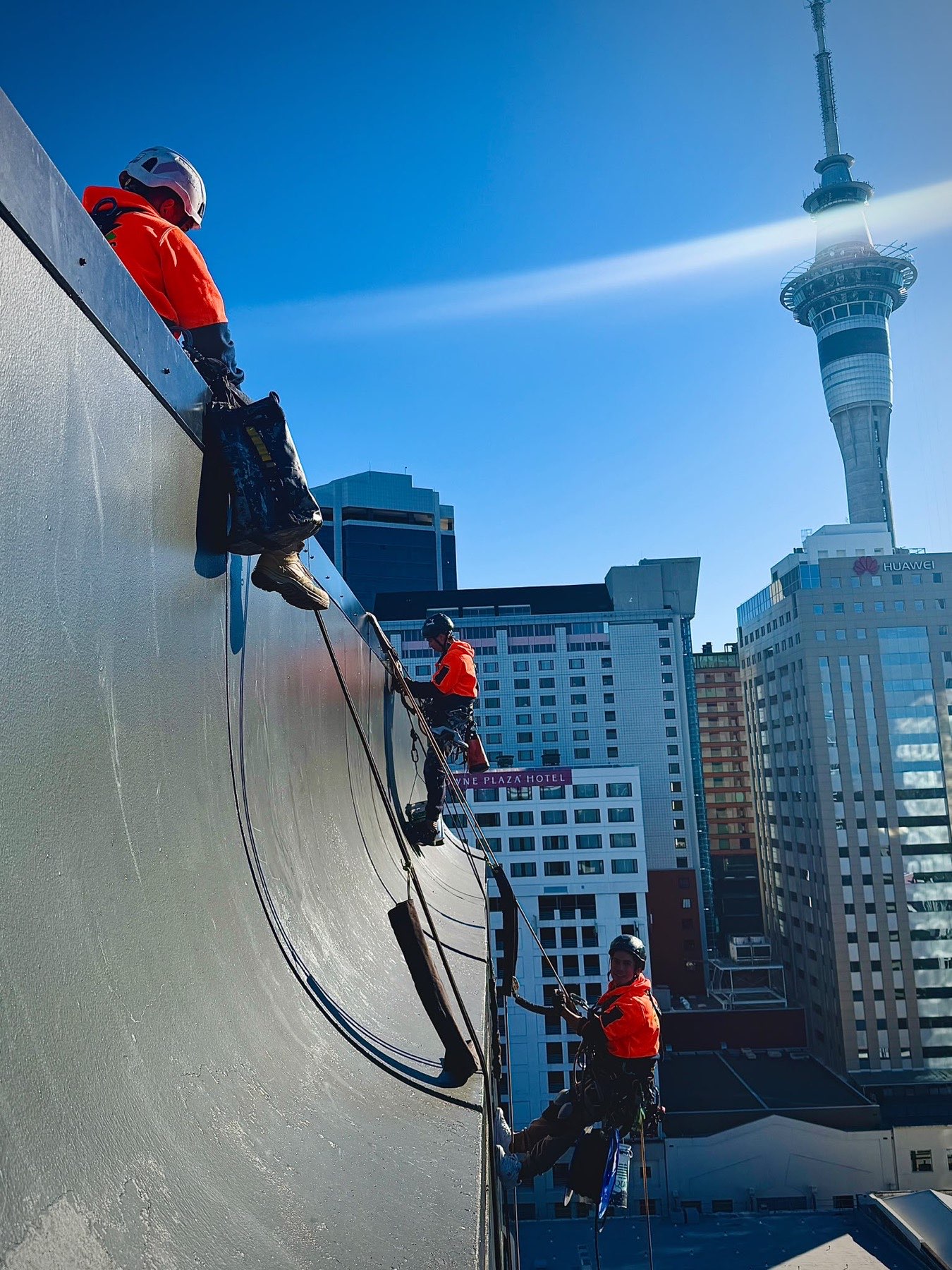 Three On Ropes technicians working a curved silver facade, Sky Tower behind