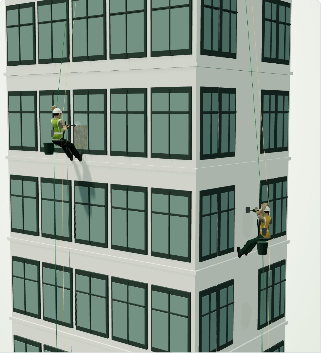 Rope-access technicians working directly on the building facade